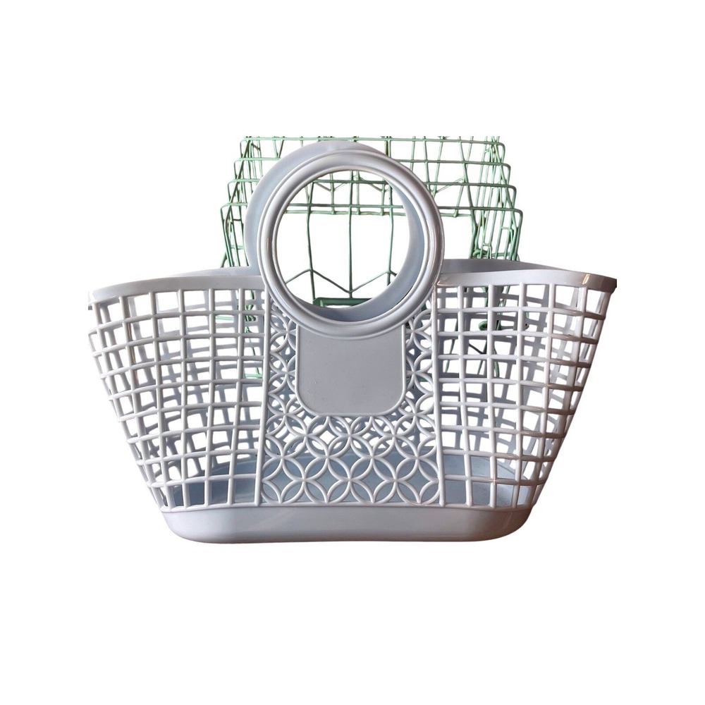 Plastic Lattice Tote Bag White Open Grid Handbag Round Handle‎ 9x11"